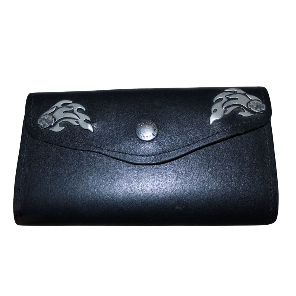 Harley-Davidson Black Flame Logo Snap Biker Wallet Y2K Motorcycle